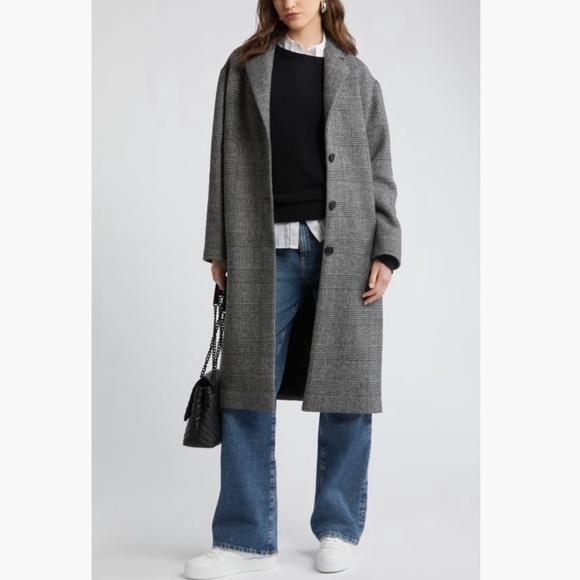 Nordstrom Plaid Oversized Notch Lapel Wool Blend Long Coat Grey SZ L - Picture 1 of 16
